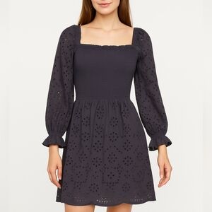 Rebellion Black Fit and Flare Eyelet Smocked Cotton Dress with Square Neck